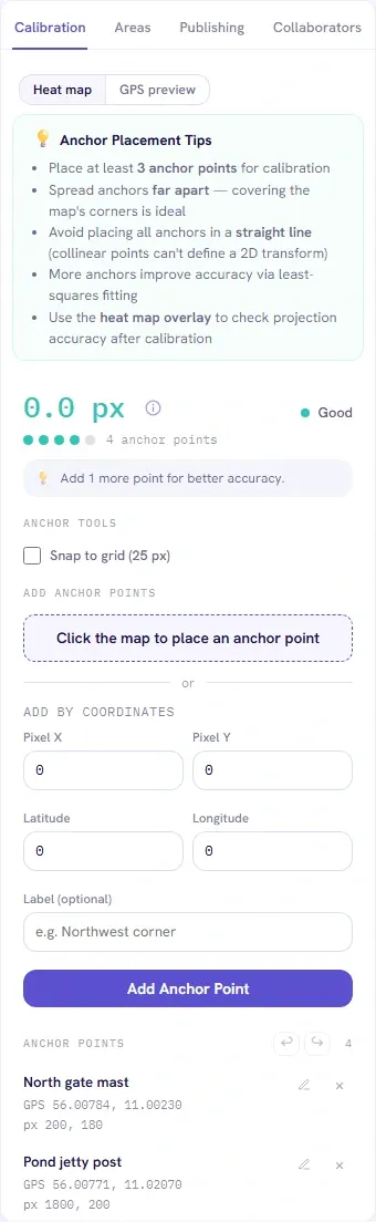 The Calibration tab's side panel: the Anchor Placement Tips box, a Calibration Quality figure of 0.0 px labelled Good with four of five dots filled, the two ways to add a point, and the first two of four Anchor Points listed with their coordinates and pixel positions