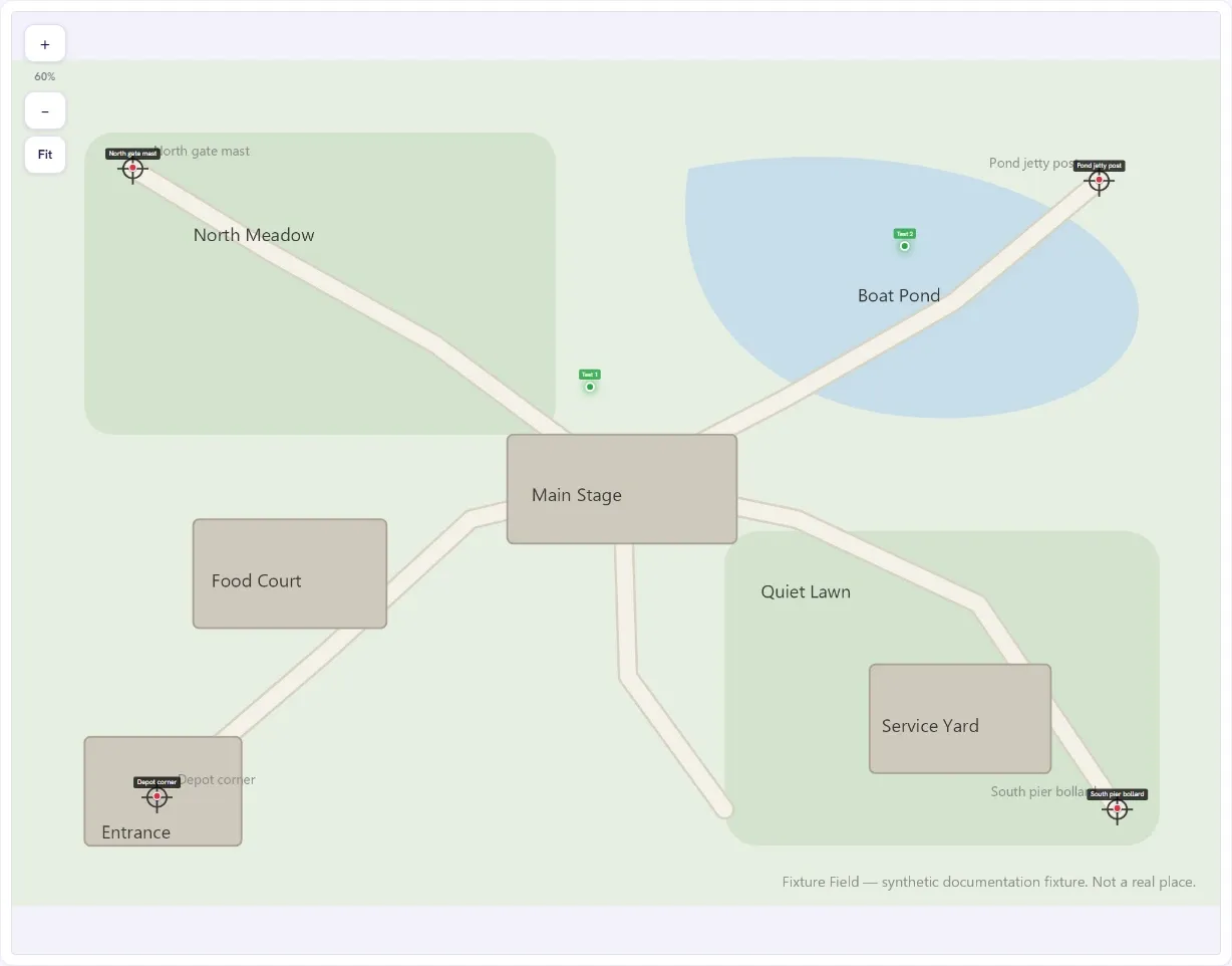The Fixture Field venue image with GPS preview switched on: two projected test points labelled Test 1 and Test 2, one on open ground between the North Meadow and the Main Stage and one inside the Boat Pond, alongside the four marked Anchor Points